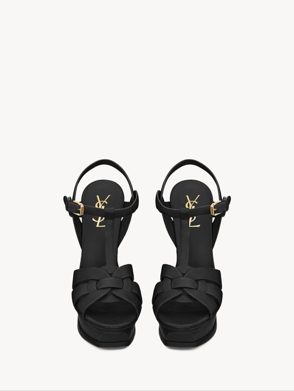 Saint Laurent Black Braided Platform Sandals with Gold-tone Buckles